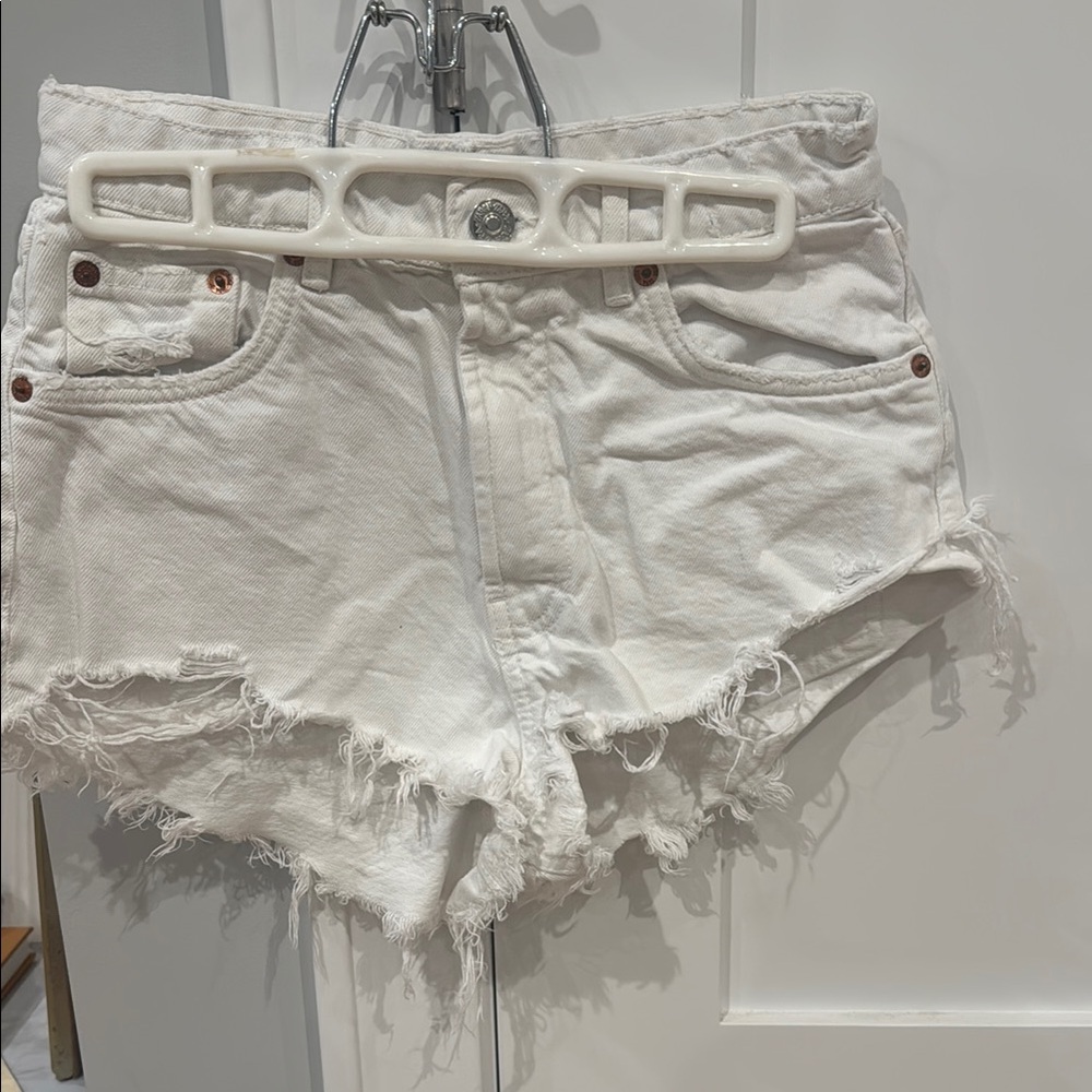 Zara White Jean Shorts Distressed Frayed Hem